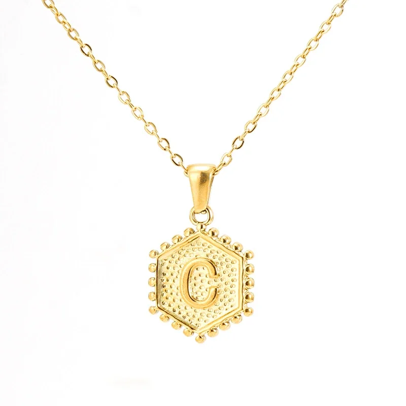 Beaded Gold PVD Hexagon Initial Pendant Necklace - Gold C
