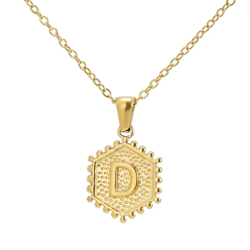 Beaded Gold PVD Hexagon Initial Pendant Necklace - Gold D