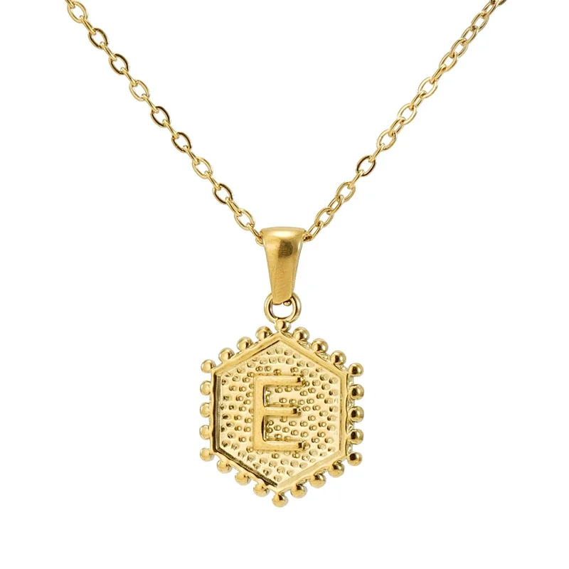 Beaded Gold PVD Hexagon Initial Pendant Necklace - Gold E