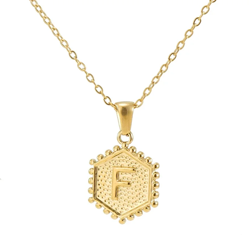 Beaded Gold PVD Hexagon Initial Pendant Necklace - Gold F