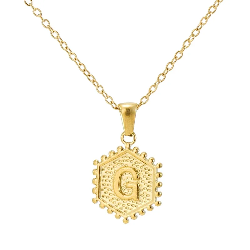 Beaded Gold PVD Hexagon Initial Pendant Necklace - Gold G