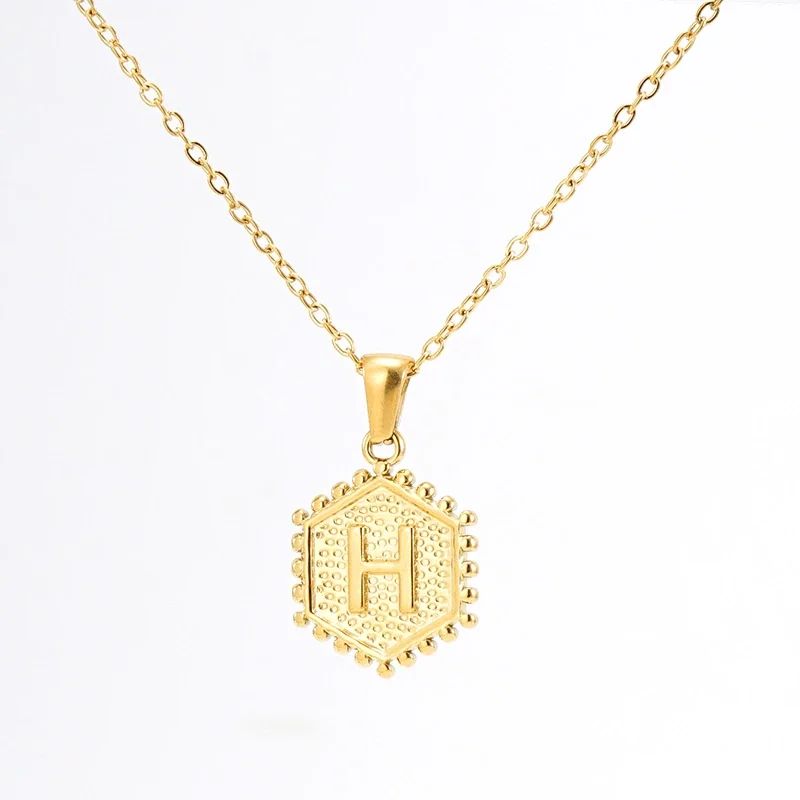 Beaded Gold PVD Hexagon Initial Pendant Necklace - Gold H