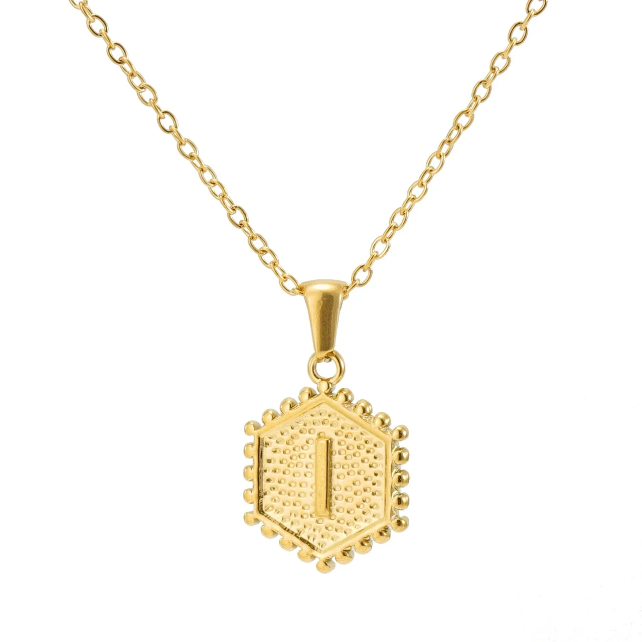 Beaded Gold PVD Hexagon Initial Pendant Necklace - Gold I