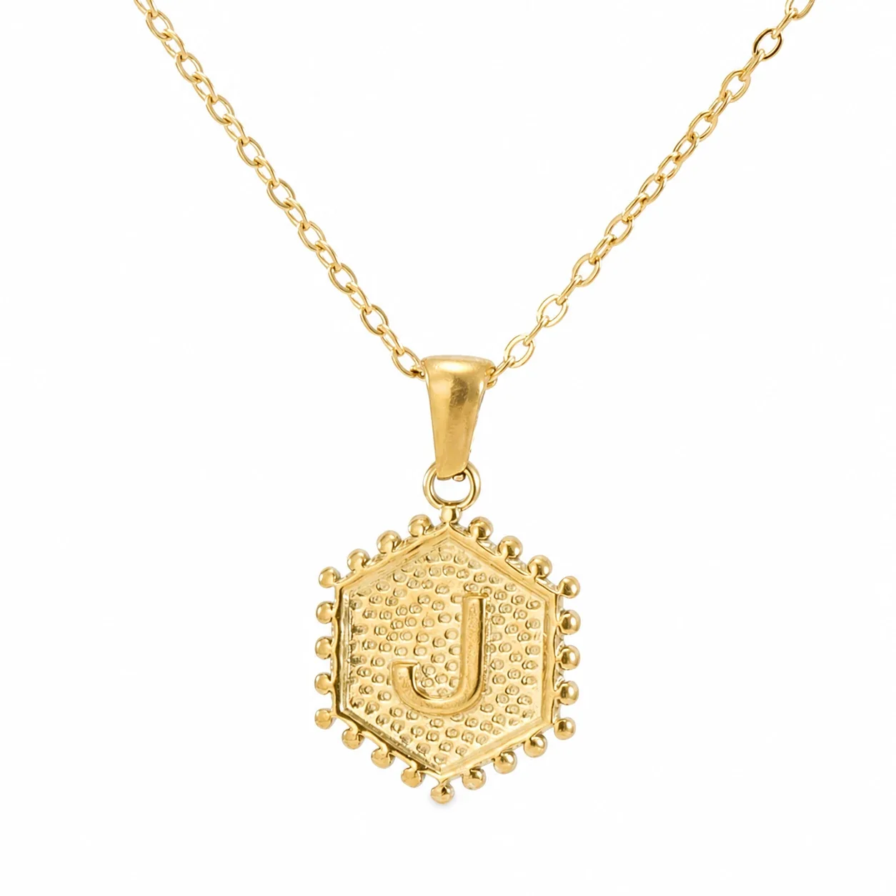 Beaded Gold PVD Hexagon Initial Pendant Necklace - Gold J