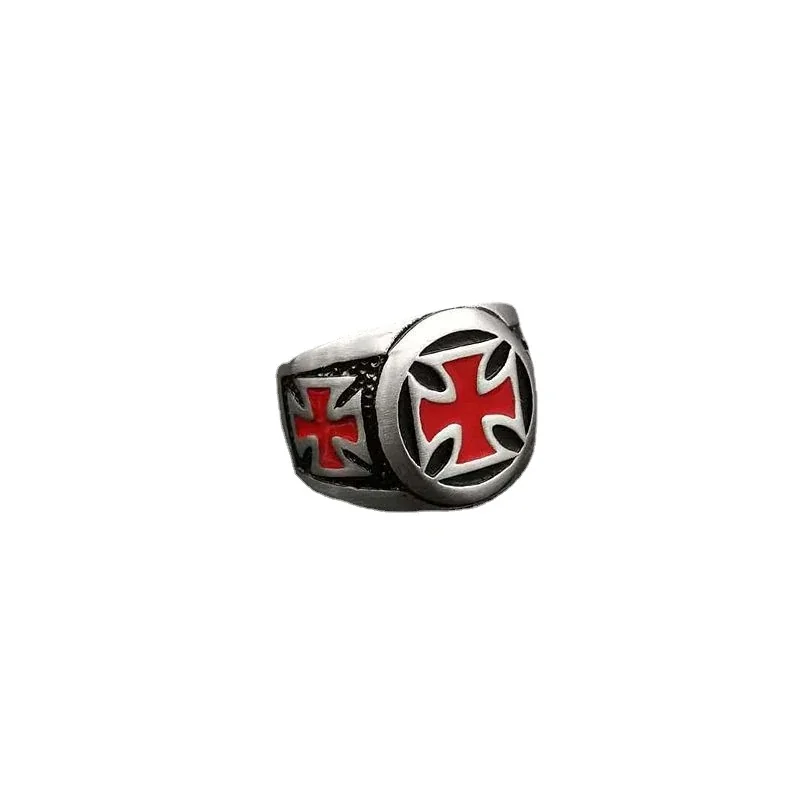Anello chevalier con medaglione a croce rossa e acciaio inossidabile 316 spazzolato