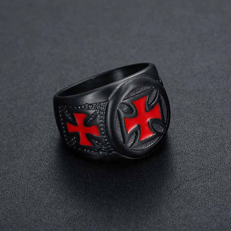 Foto prodotto: Anello chevalier con medaglione a croce rossa e acciaio inossidabile 316 spazzolato