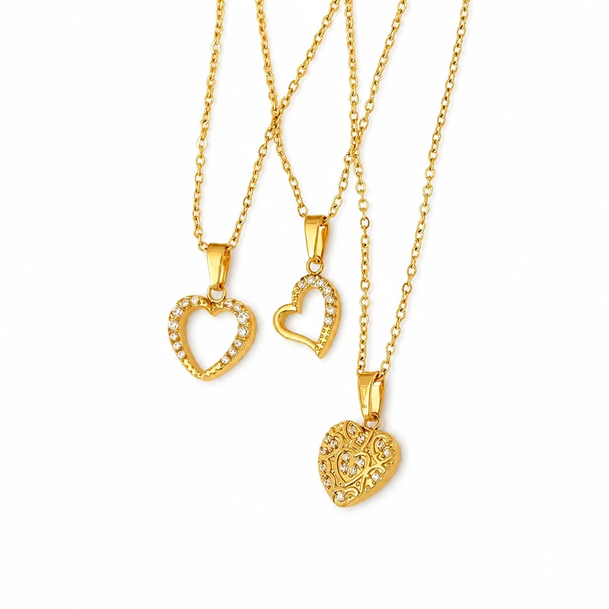 Delicate Gold-Tone Open Heart CZ Pendant Necklace