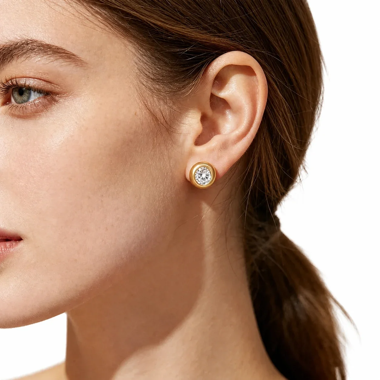 Polished Stainless Steel Bezel CZ Stud Earrings