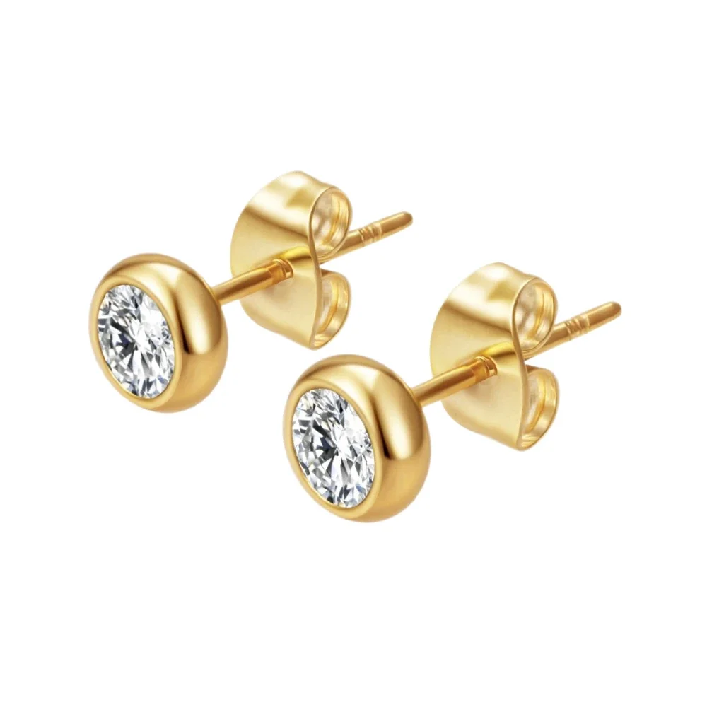 Polished Stainless Steel Bezel CZ Stud Earrings