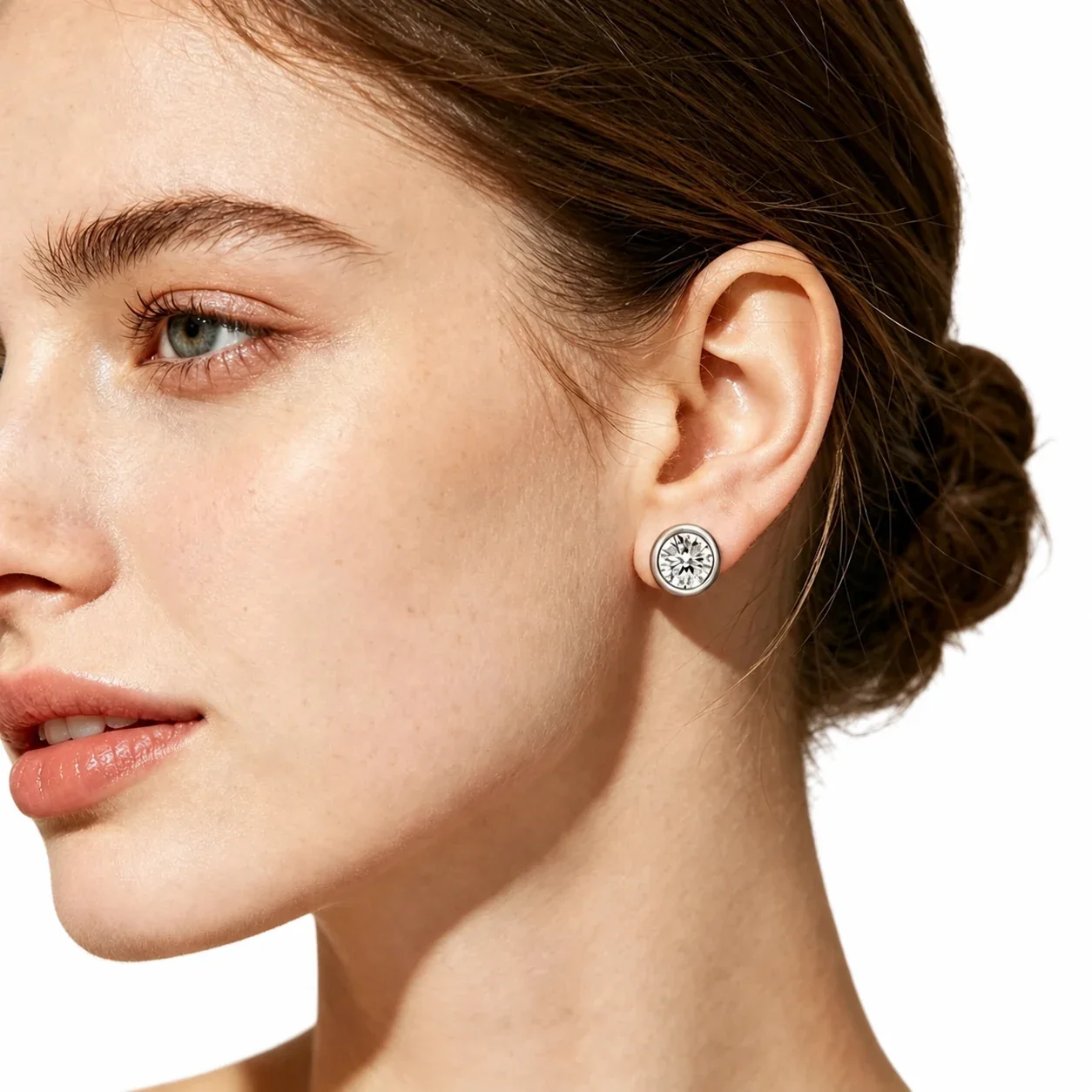 Polished Stainless Steel Bezel CZ Stud Earrings - Steel White CZ