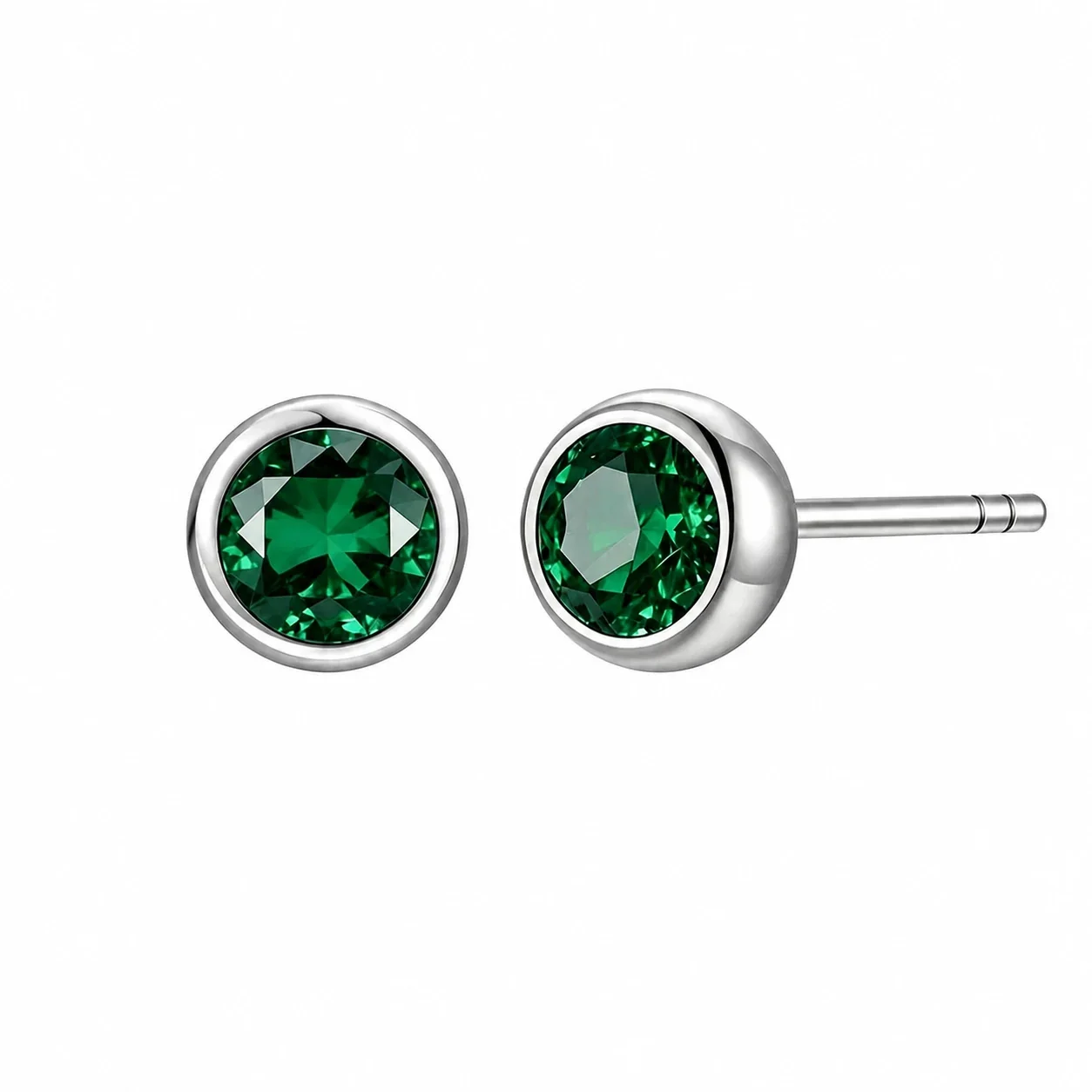 Polished Stainless Steel Bezel CZ Stud Earrings - Steel Green CZ