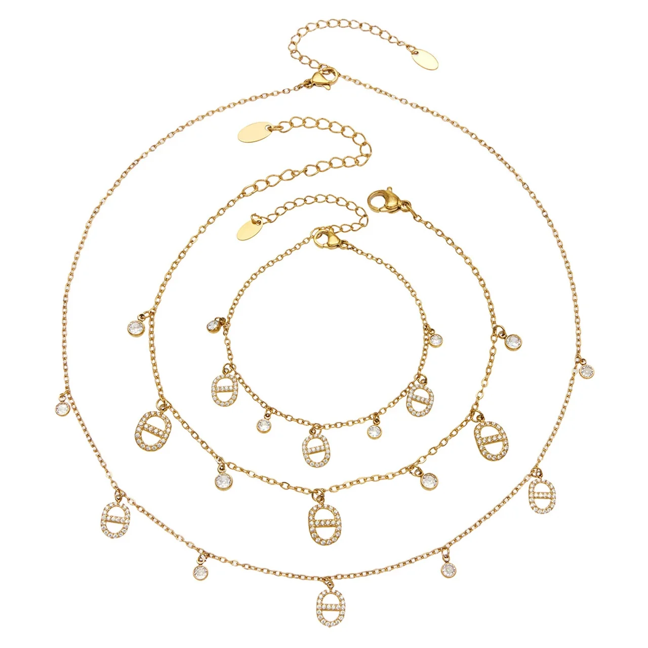 Dainty 18K Gold PVD Stainless Steel Oval CZ Chain Jewelry Set