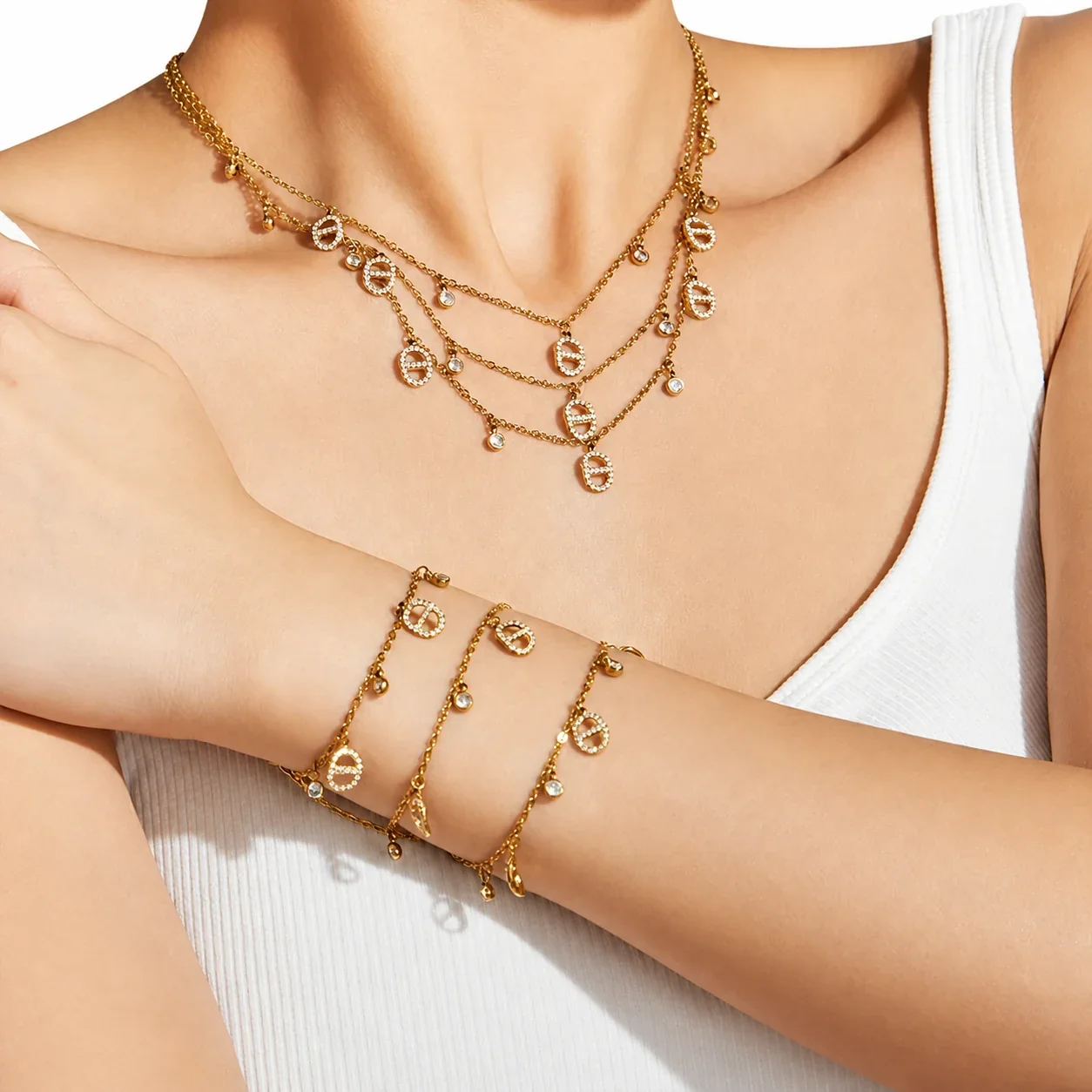 Dainty 18K Gold-Plated Oval CZ Chain Jewelry Set