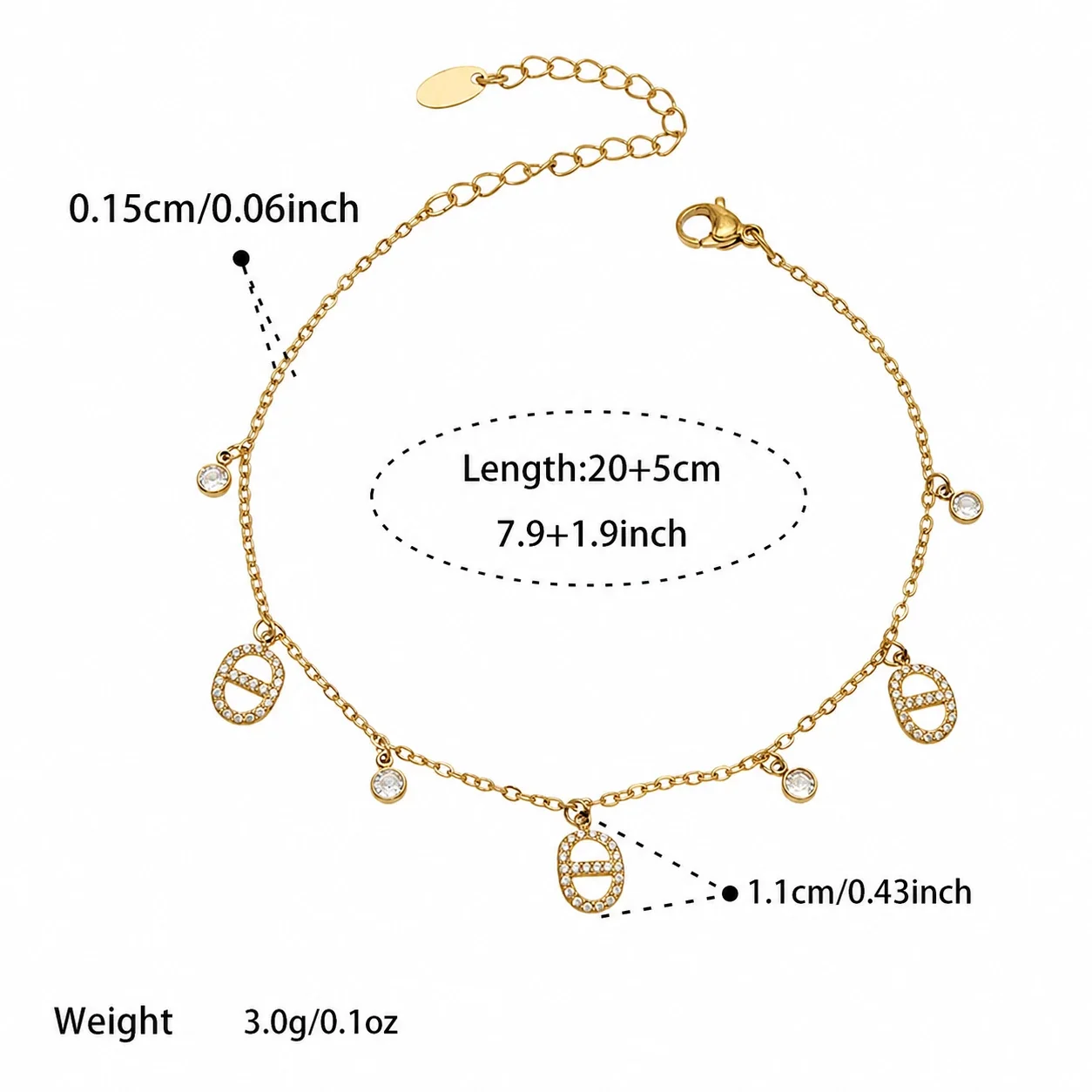 Dainty 18K Gold-Plated Oval CZ Chain Jewelry Set - Gold 20+5 cm