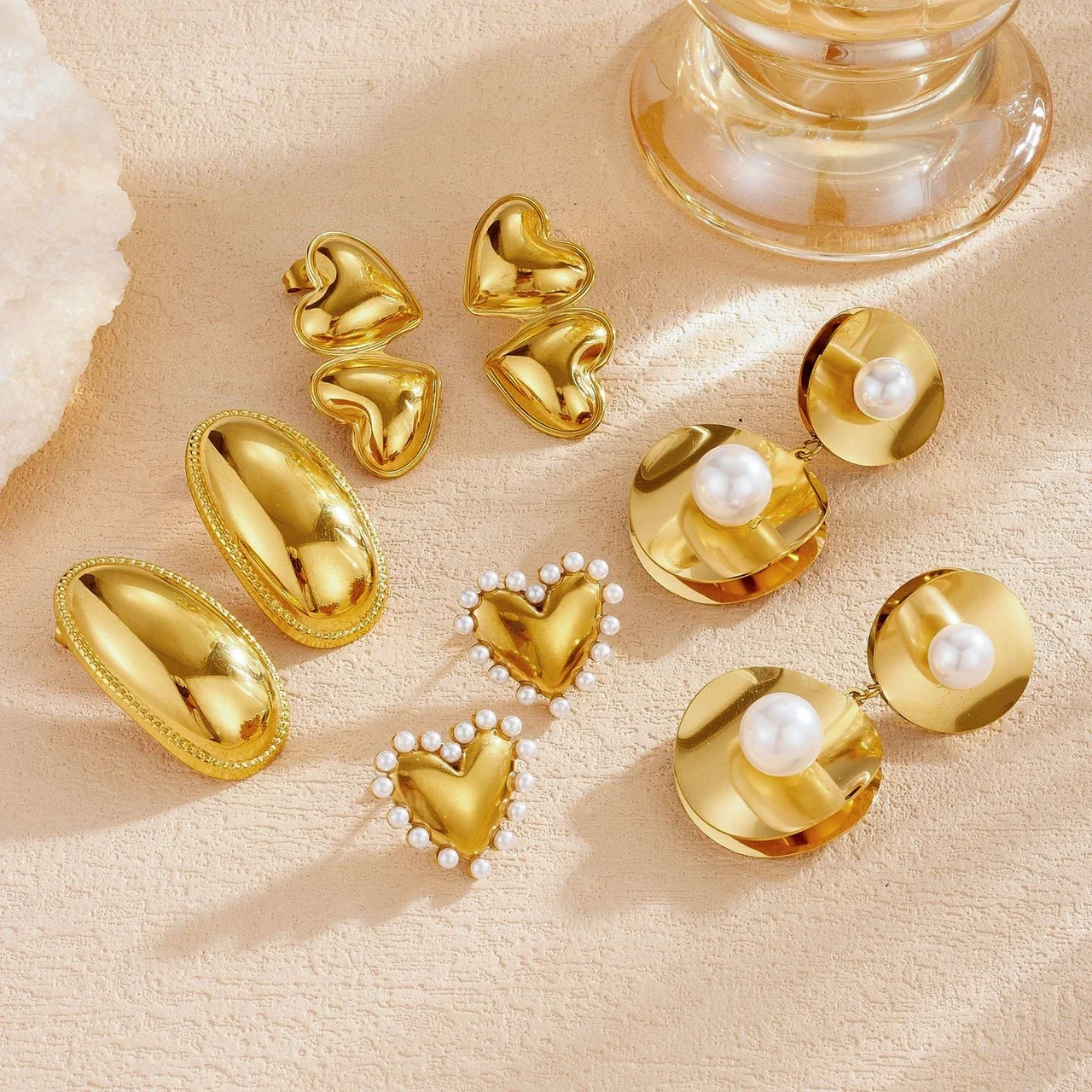 Stud Earrings: Heart, Pearl Disc & Oval Gold-Plated Stainless Steel