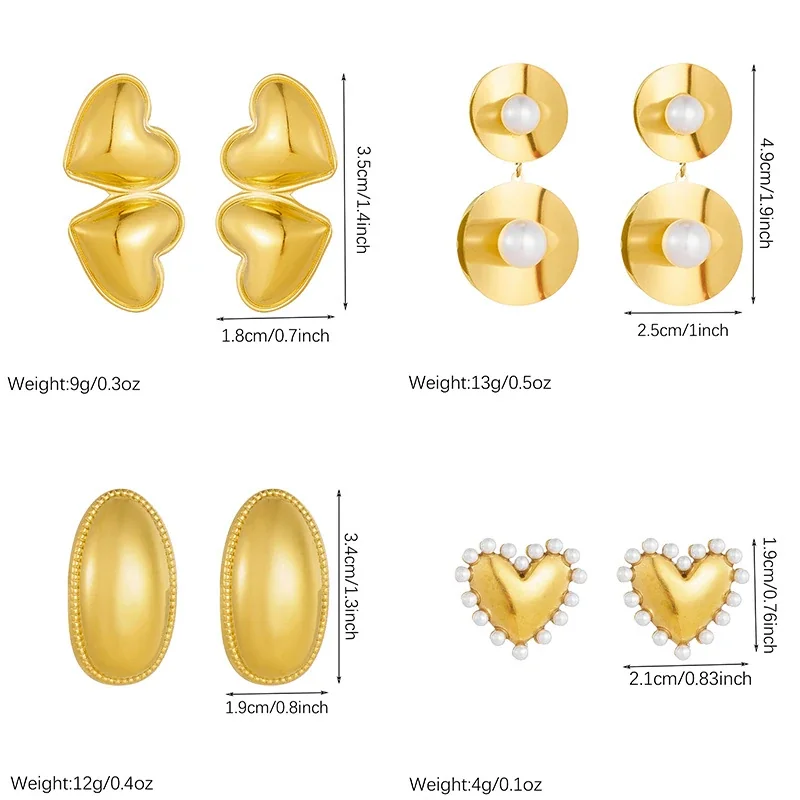 Stud Earrings: Heart, Pearl Disc & Oval Gold-Plated Stainless Steel