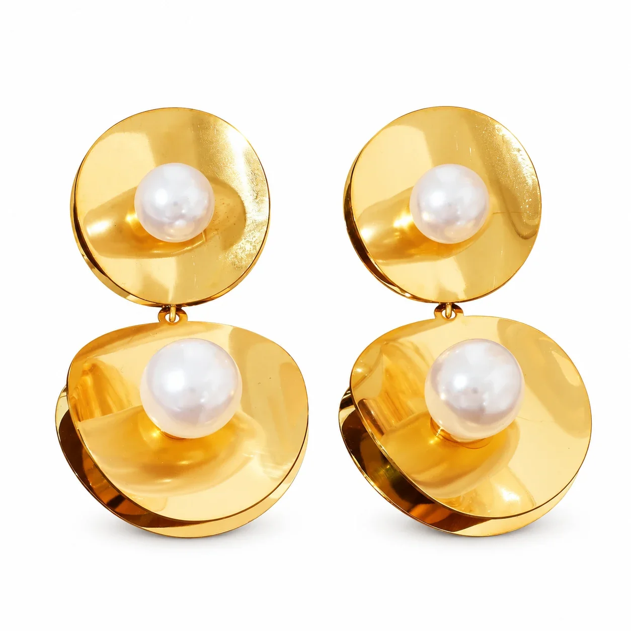 Stud Earrings: Heart, Pearl Disc & Oval Gold-Plated Stainless Steel - Gold Double Heart