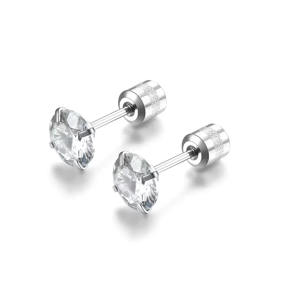 Polished 316 Stainless Round CZ Stud Earrings - Silver White CZ