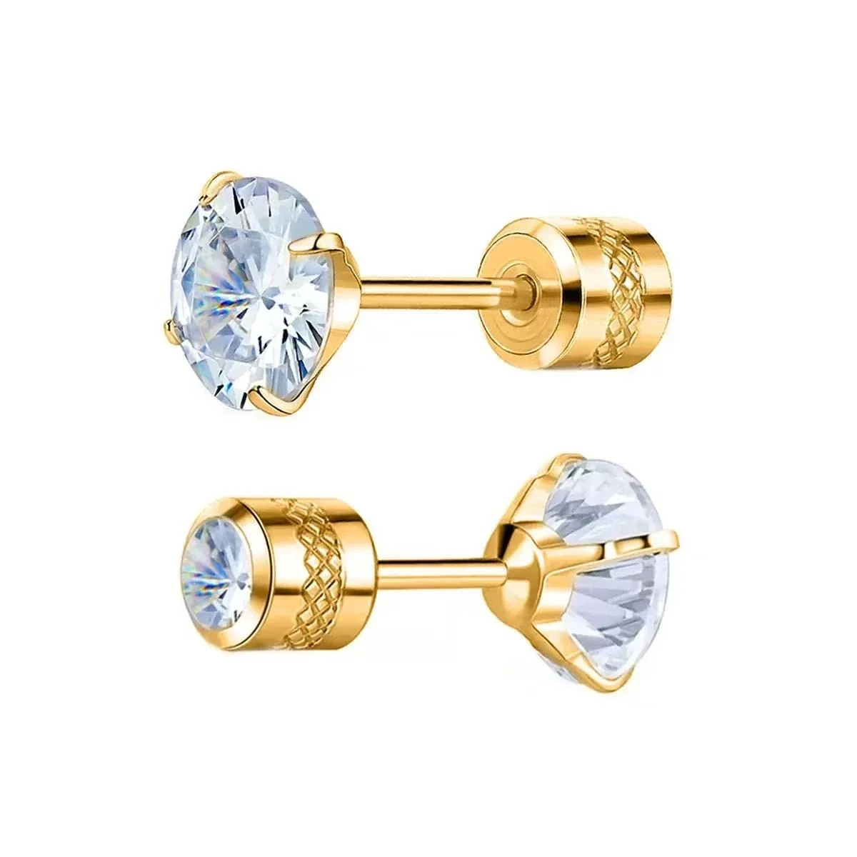Polished 316 Stainless Round CZ Stud Earrings - Gold White CZ