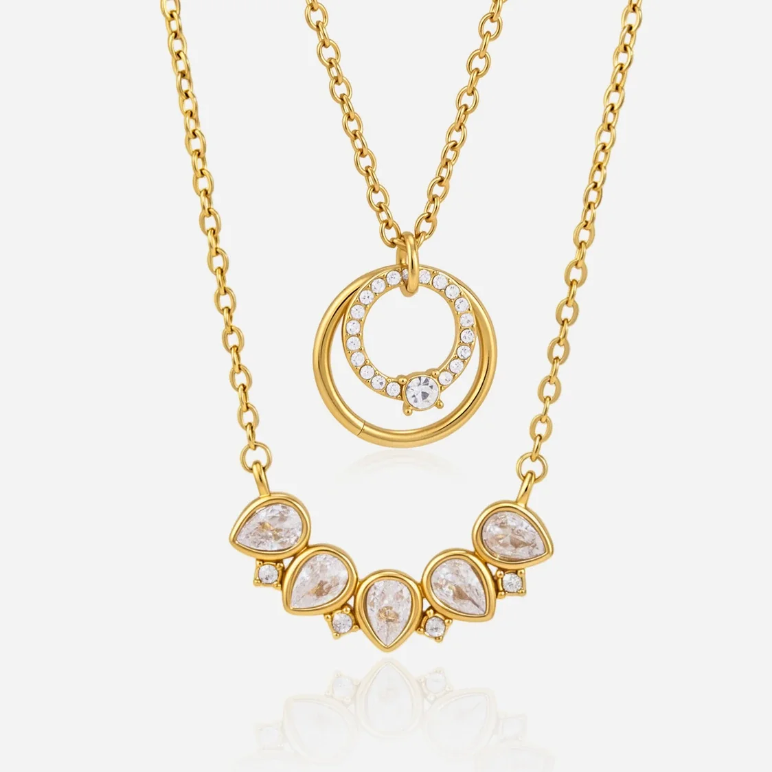 Radiant Gold PVD 316L Double Circle Crystal Necklace