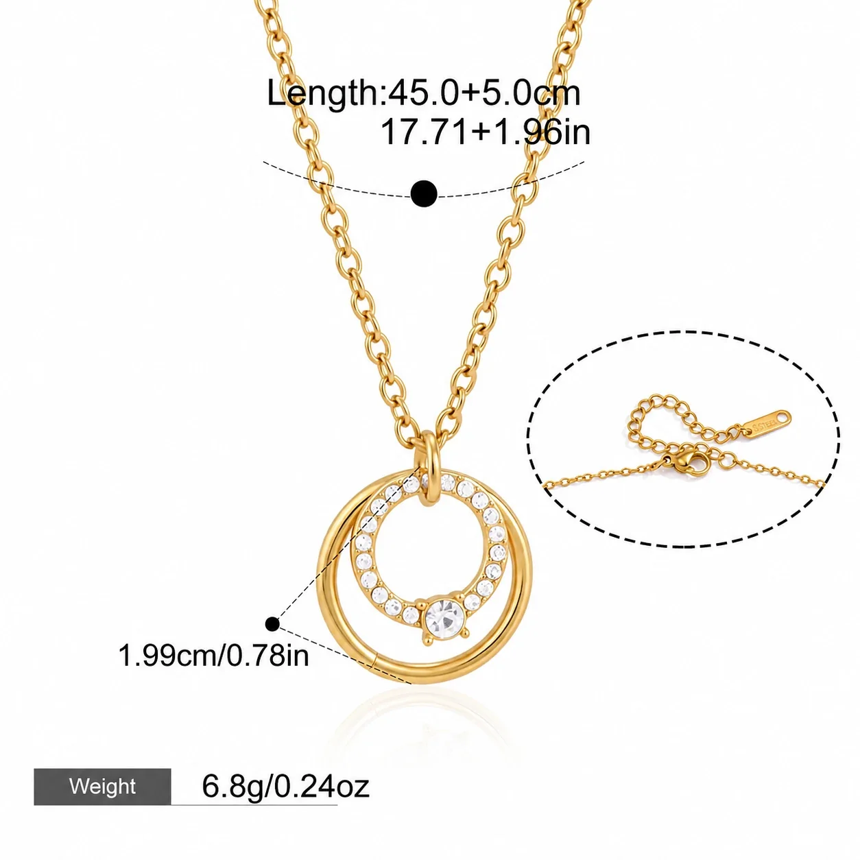 Radiant Gold PVD 316L Double Circle Crystal Necklace - Gold Double Circle