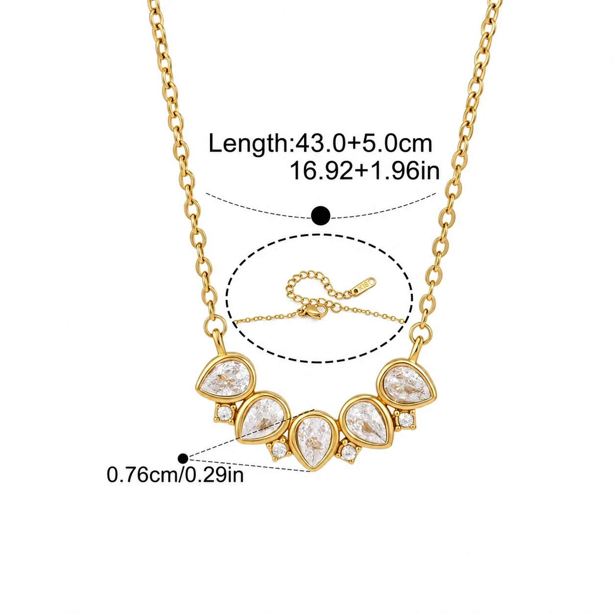 Radiant Gold PVD 316L Double Circle Crystal Necklace - Gold Pear Crystal Arc