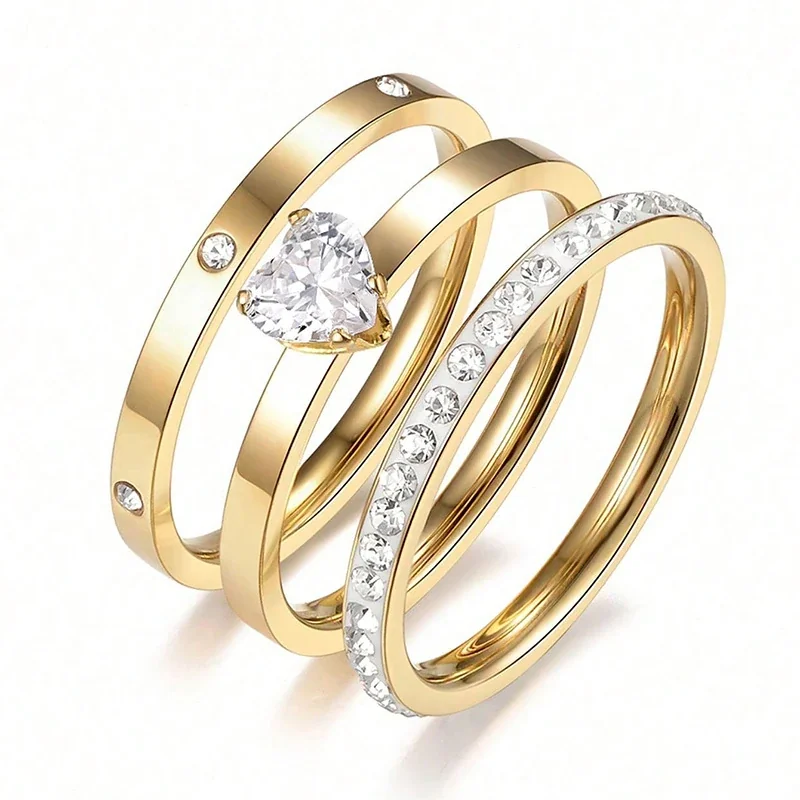 Stacking Ring Set with Heart CZ and Pavé 18K Gold-Plated Steel