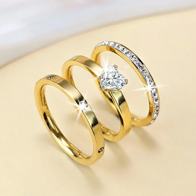 Stacking Ring Set with Heart CZ and Pavé 18K Gold-Plated Steel