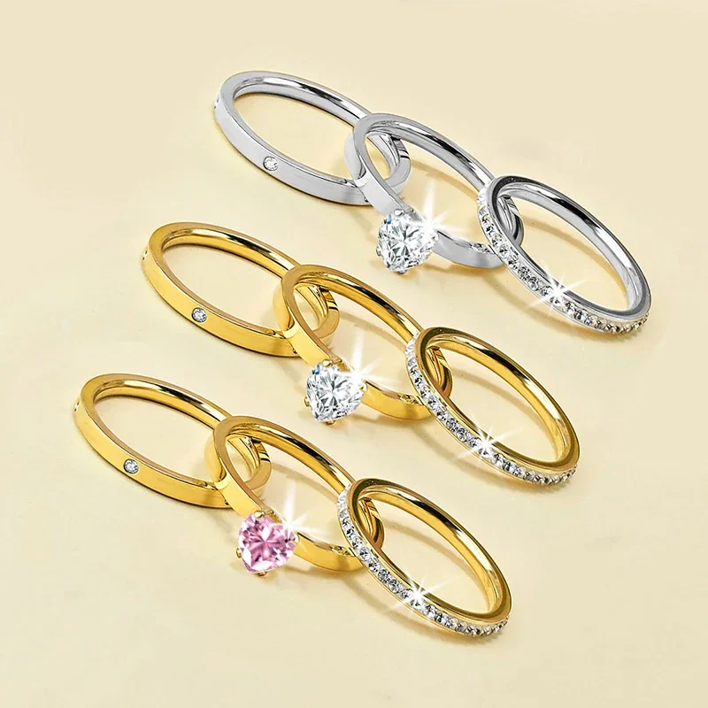Stacking Ring Set with Heart CZ and Pavé 18K Gold-Plated Steel