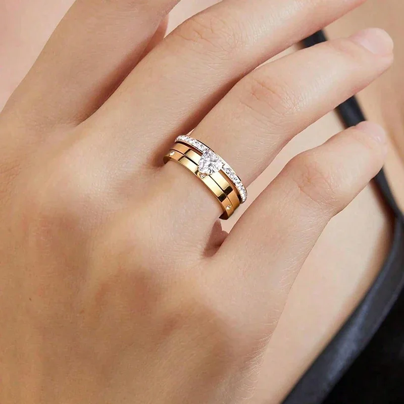 Stacking Ring Set with Heart CZ and Pavé 18K Gold-Plated Steel