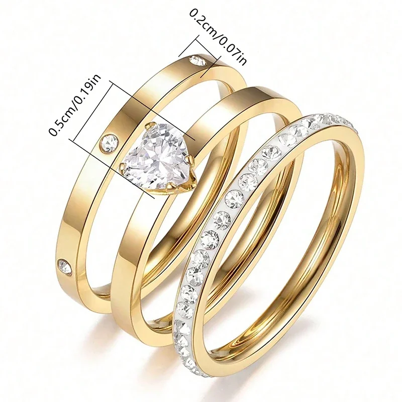 Stacking Ring Set with Heart CZ and Pavé 18K Gold-Plated Steel
