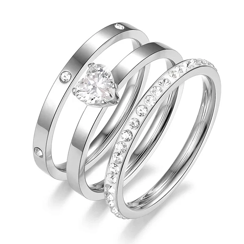 Stacking Ring Set with Heart CZ and Pavé 18K Gold-Plated Steel - Silver Clear CZ