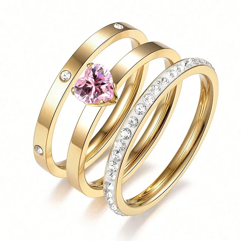 Stacking Ring Set with Heart CZ and Pavé 18K Gold-Plated Steel - Gold Pink CZ