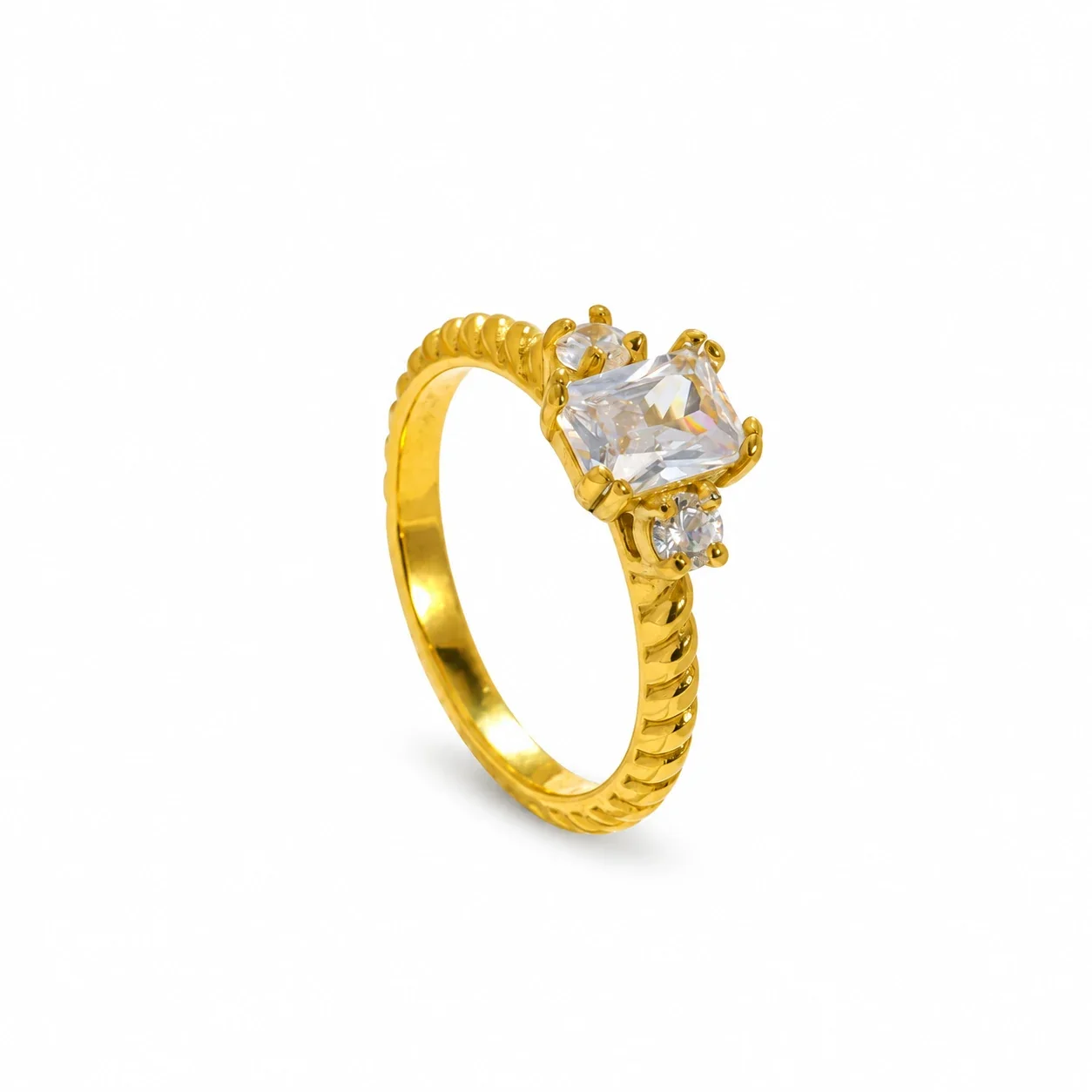 Ring, Emerald-Cut CZ with Twisted Band, Stainless Steel