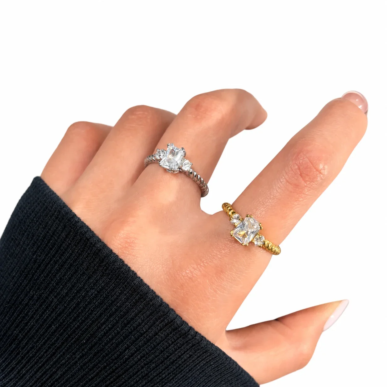 Ring, Emerald-Cut CZ with Twisted Band, Stainless Steel
