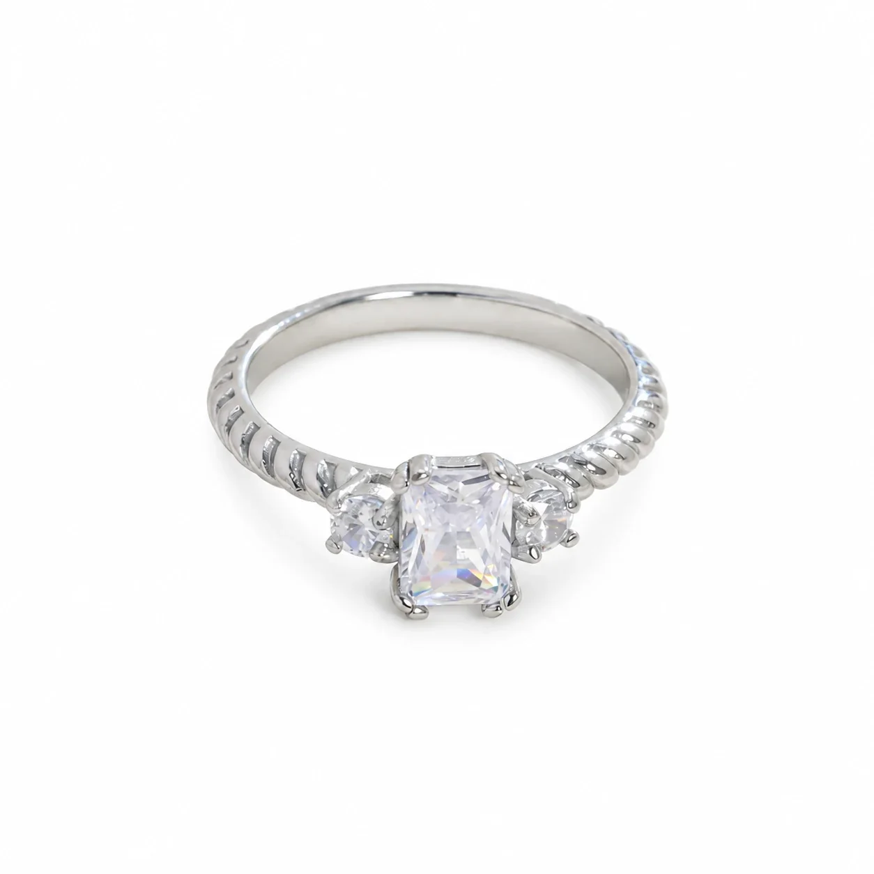 Ring, Emerald-Cut CZ with Twisted Band, Stainless Steel