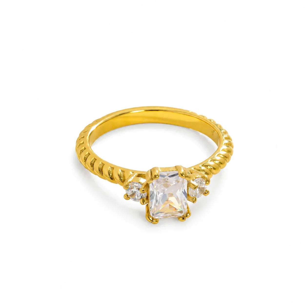 Ring, Emerald-Cut CZ with Twisted Band, Stainless Steel