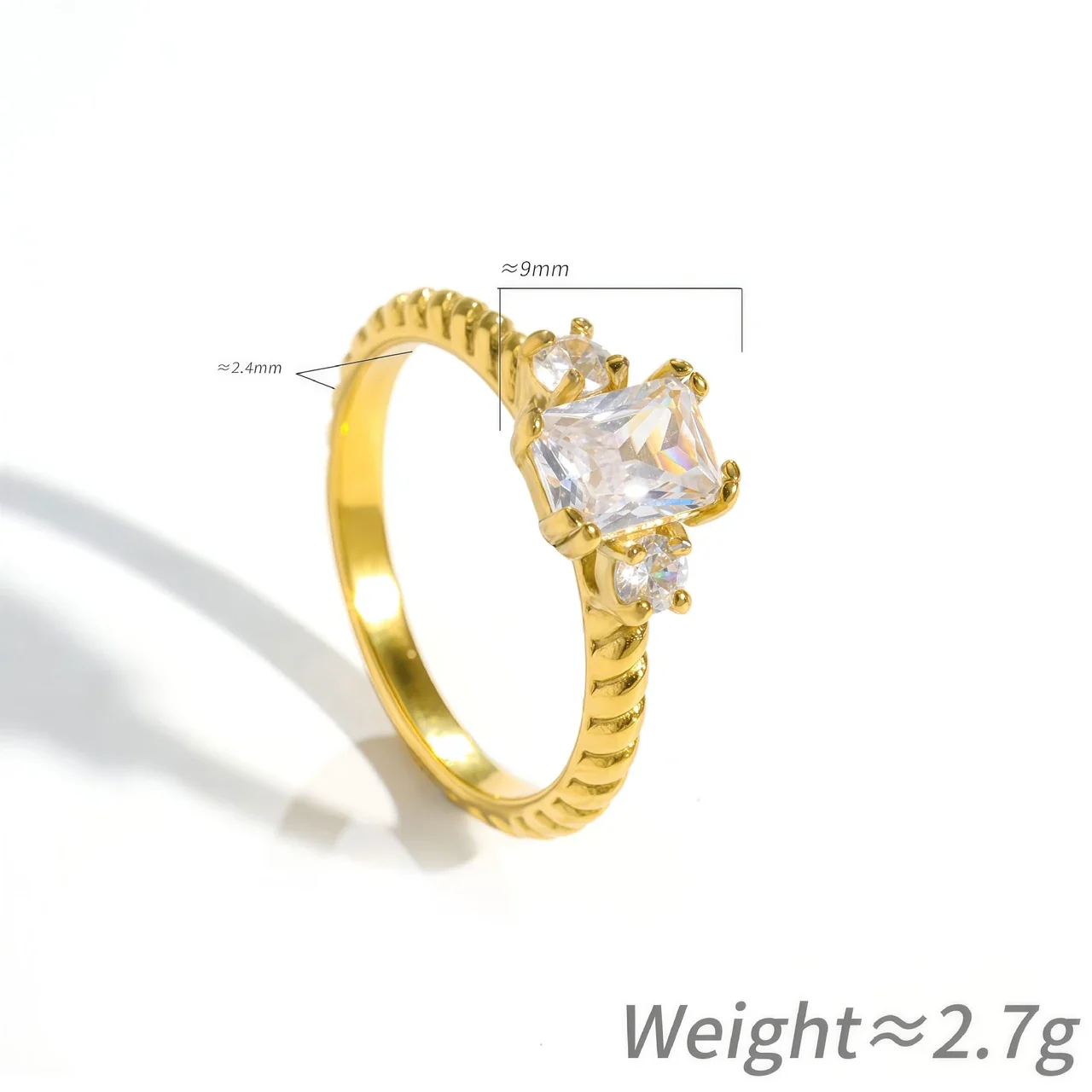 Ring, Emerald-Cut CZ with Twisted Band, Stainless Steel