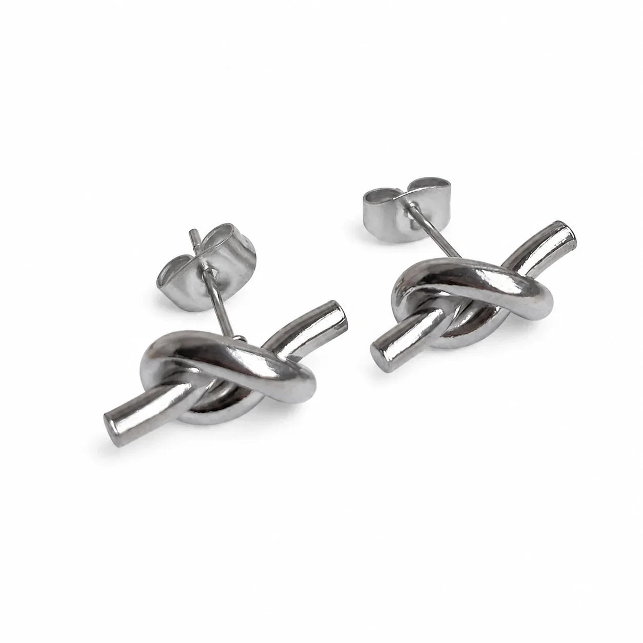 Sculptural Stainless Steel Plated Knot Bar Stud Earrings - Silver