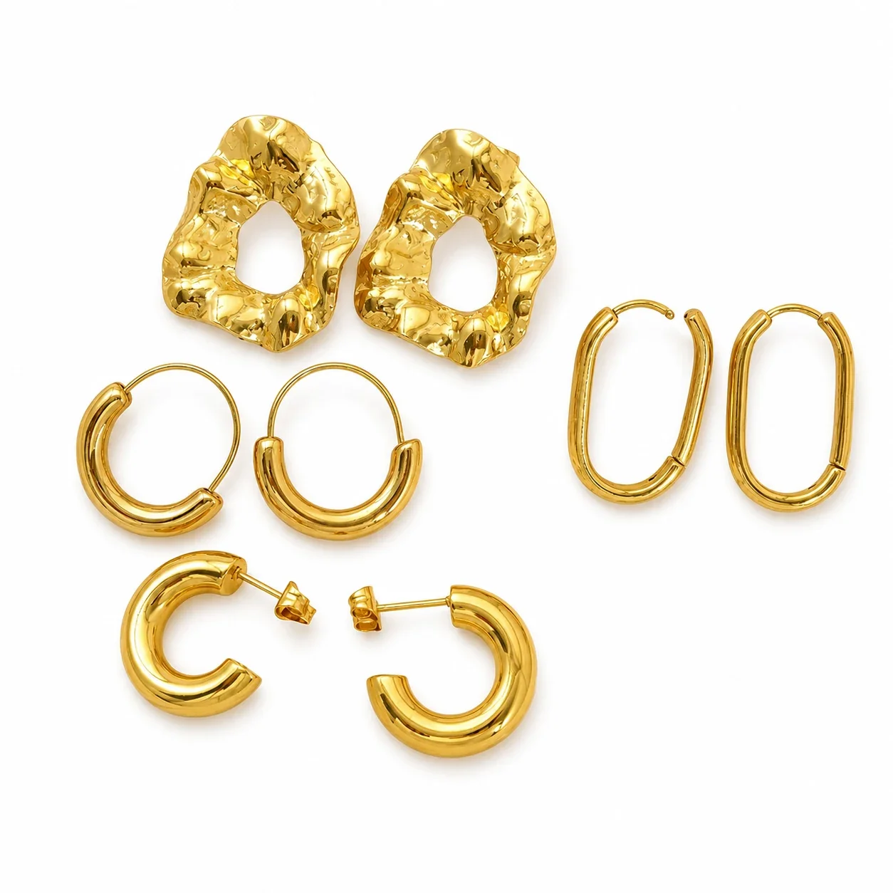 Sculptural Gold-Plated Stainless Steel Hammered Hoop Earrings