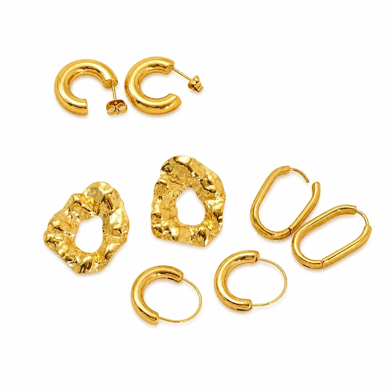 Sculptural Gold-Plated Stainless Steel Hammered Hoop Earrings