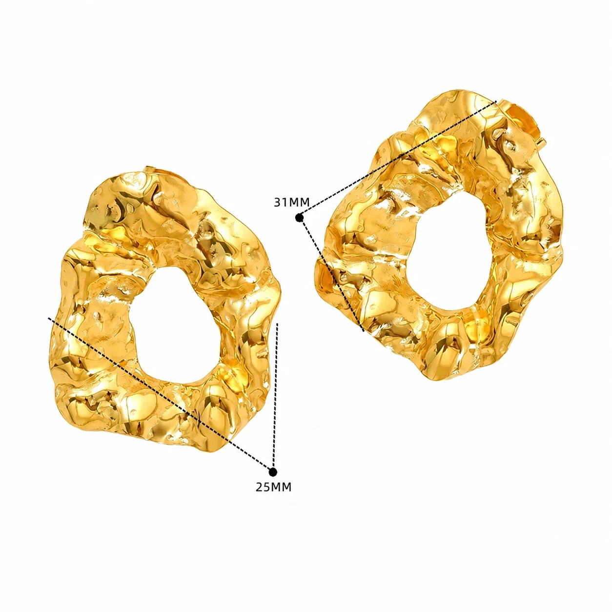 Sculptural Gold-Plated Stainless Steel Hammered Hoop Earrings - Gold Round Wire Hoop