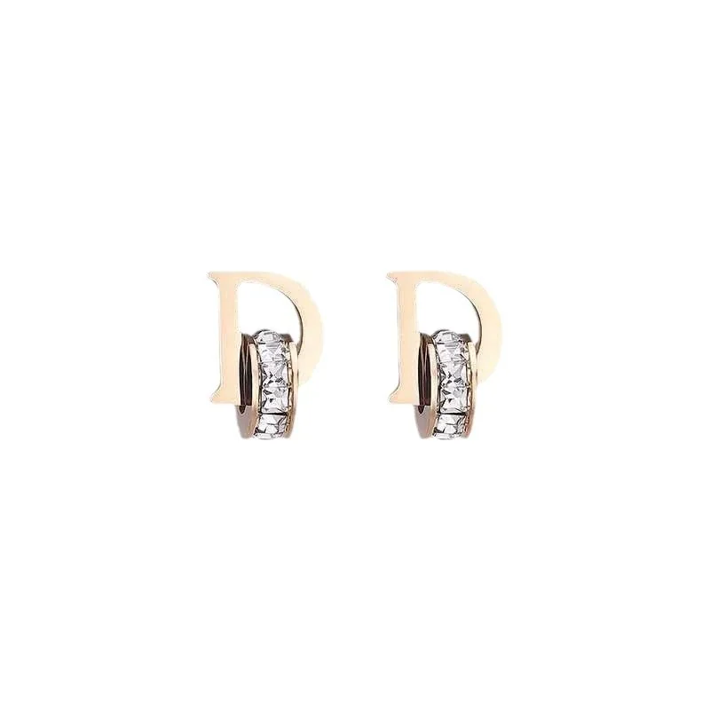 D Letter Stud Earrings with Crystal Huggie, Stainless Steel