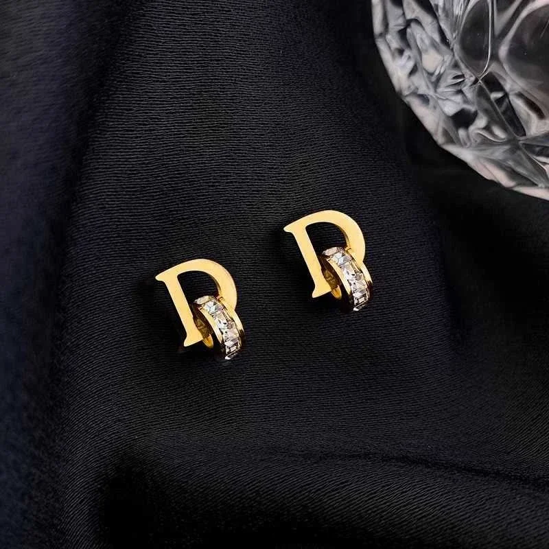 D Letter Stud Earrings with Crystal Huggie, Stainless Steel