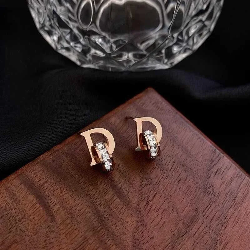 D Letter Stud Earrings with Crystal Huggie, Stainless Steel