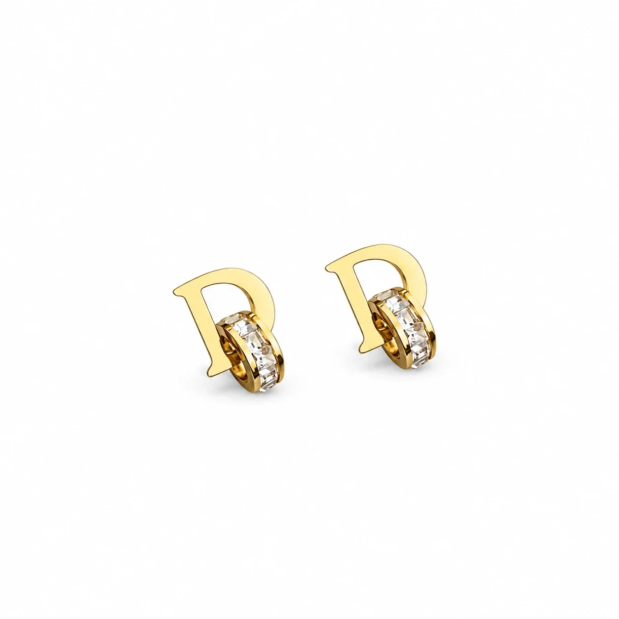 D Letter Stud Earrings with Crystal Huggie, Stainless Steel - Gold