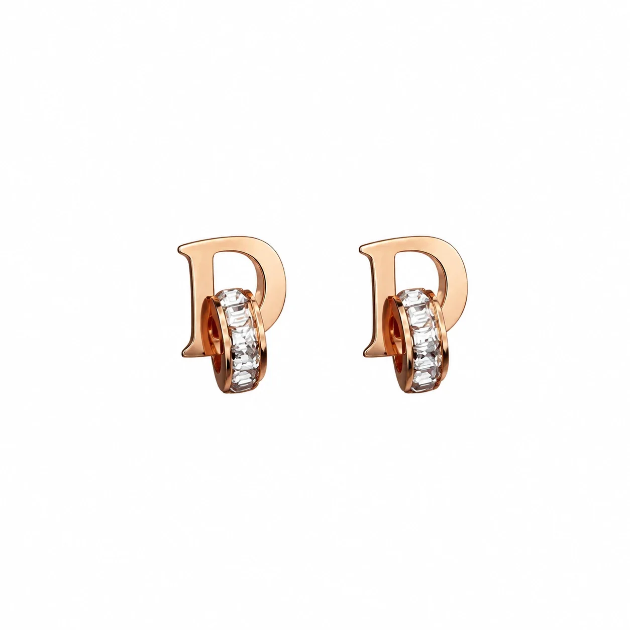 D Letter Stud Earrings with Crystal Huggie, Stainless Steel - Rose Gold