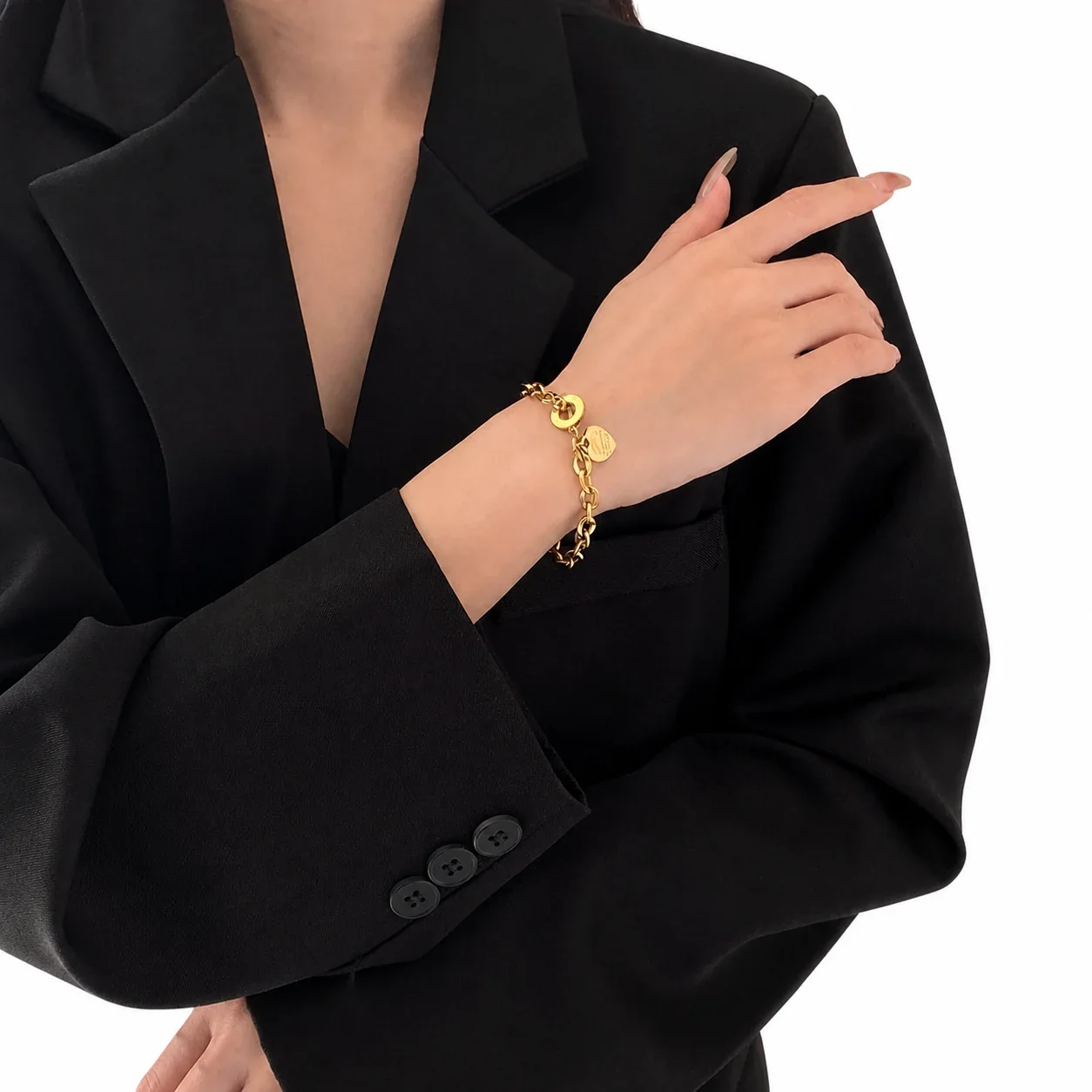 Vintage 18K Gold-Plated Heart Charm Toggle Bracelet