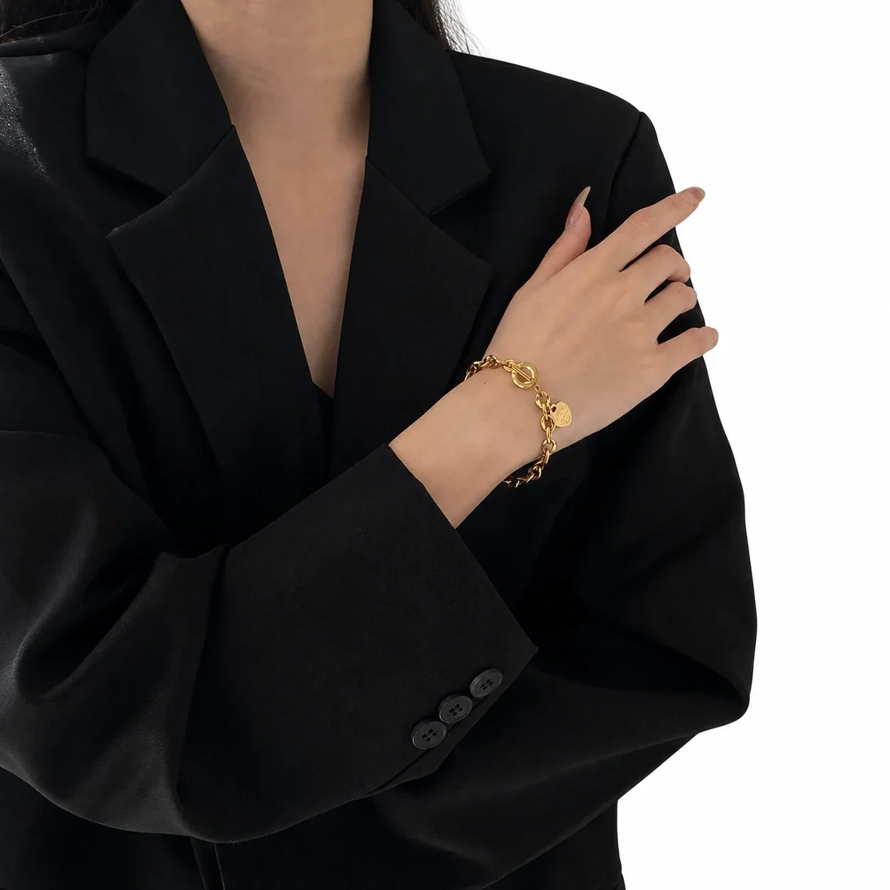 Vintage 18K Gold-Plated Heart Charm Toggle Bracelet