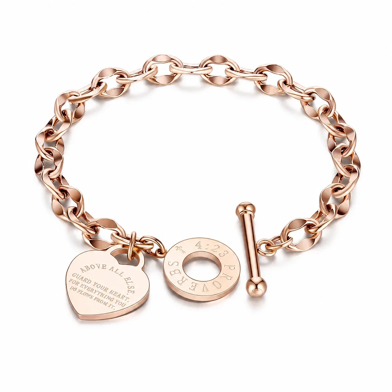 Vintage 18K Gold-Plated Heart Charm Toggle Bracelet - Rose Gold